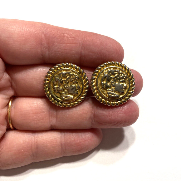 Vintage Mid Century Button Style Clip On Earrings Goldtone Textured Conservative - Picture 4 of 6